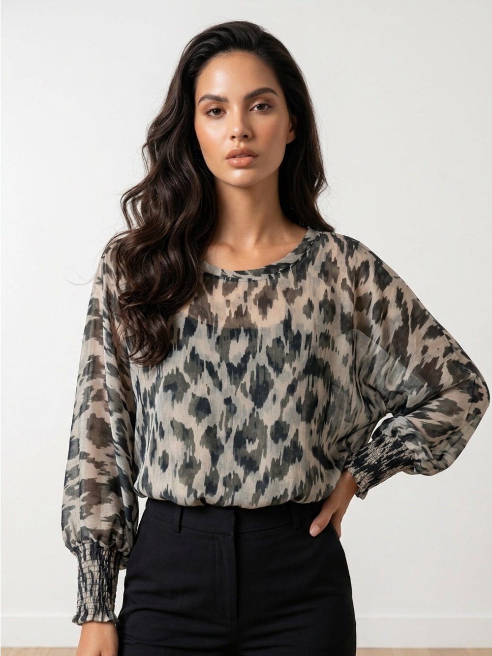 Grade & Gather Long-Sleeve Blouse in Gray and Cream